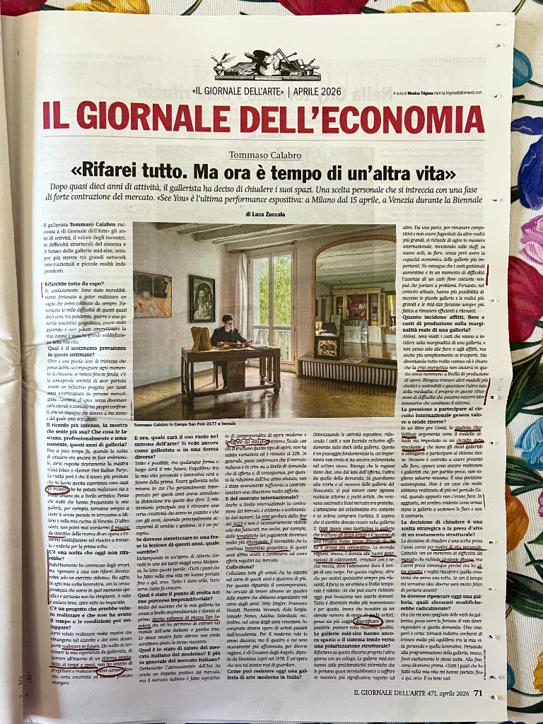 Il Giornale dell’Arte, aprile 2026, intervista a Tommaso Calabro